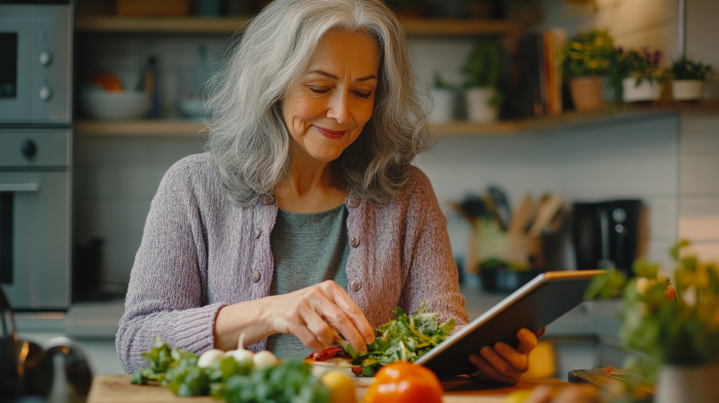 Старша пара готує разом здорову їжу